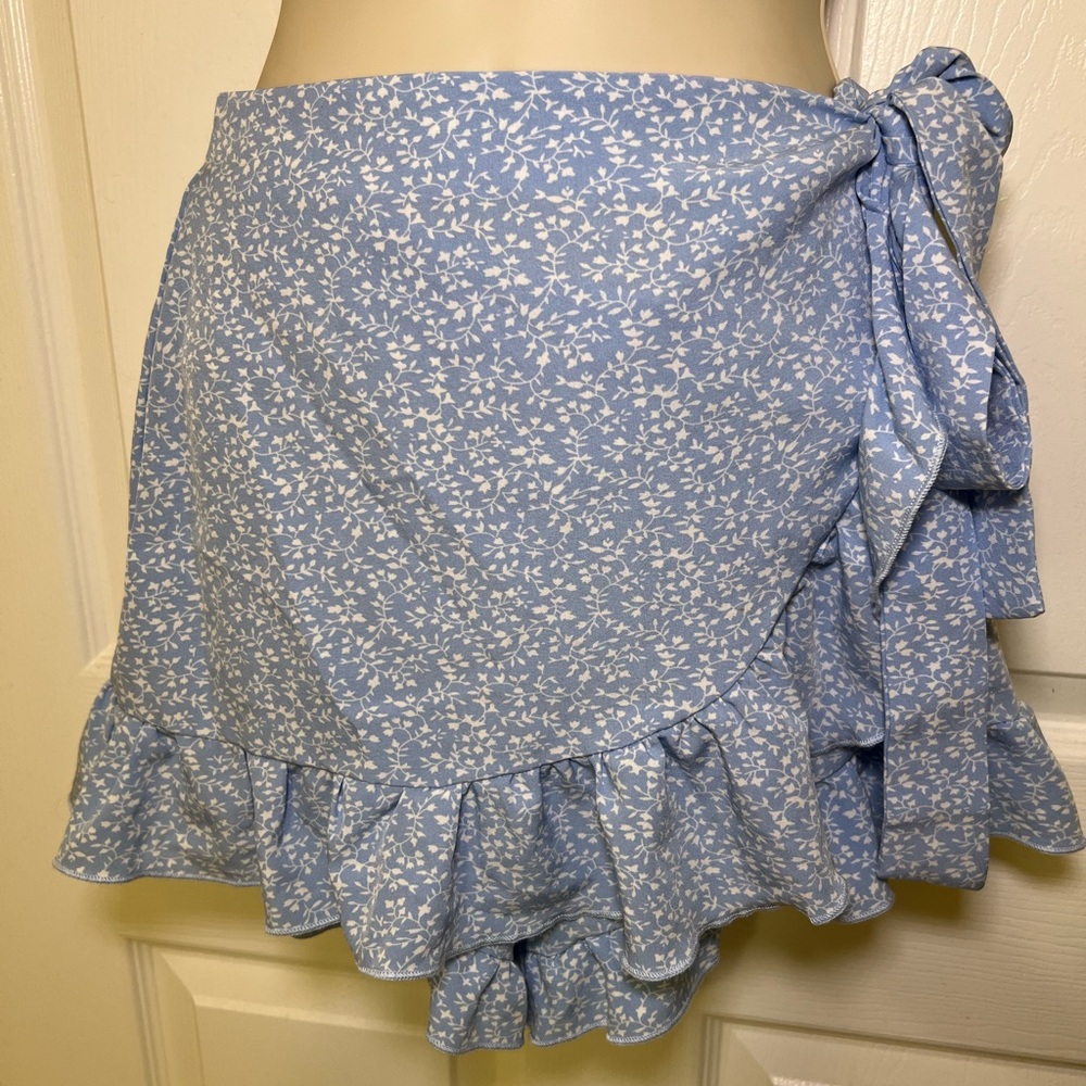 Blue Floral Wrap Skirt/Shorts with Ruffle Hem